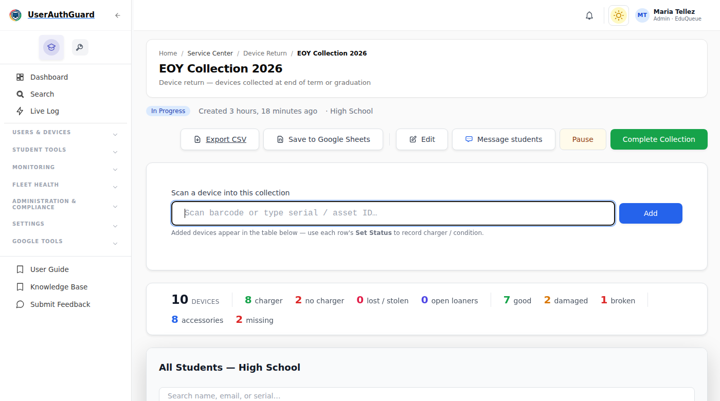 Chromebook device return collection screen with a barcode scanner and live tallies of chargers, condition and accessories