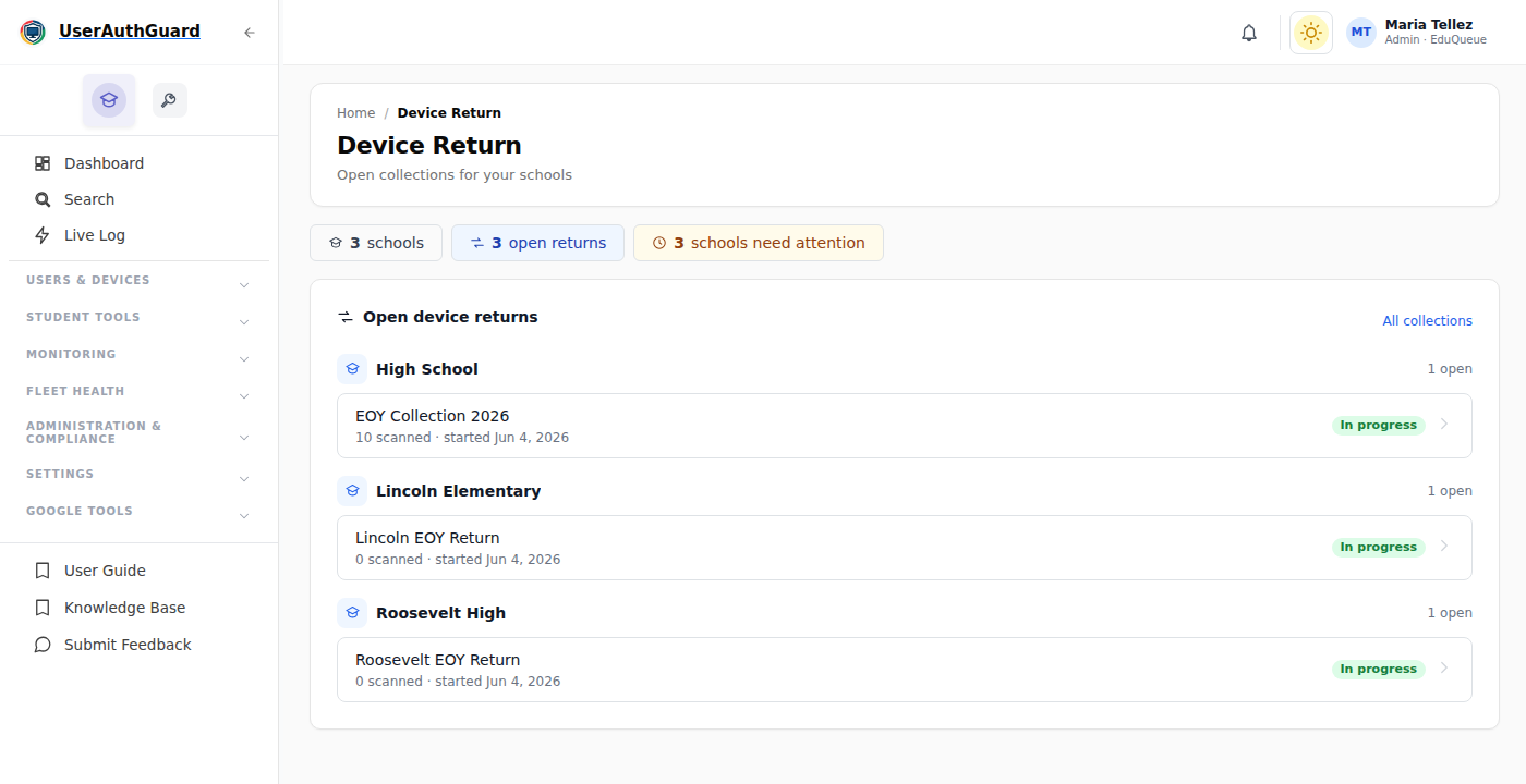 Device Return dashboard showing every school with open Chromebook collections and live scan counts